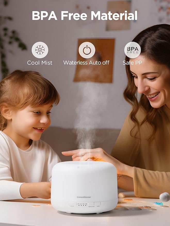 InnoGear 500ml Essential Oil Diffuser with Remote Control, Premium Ultrasonic Aromatherapy Diffusers Mother's Gift Scent Humidifier Vaporizer Auto-Off Timer for Large Room Home, Basic White