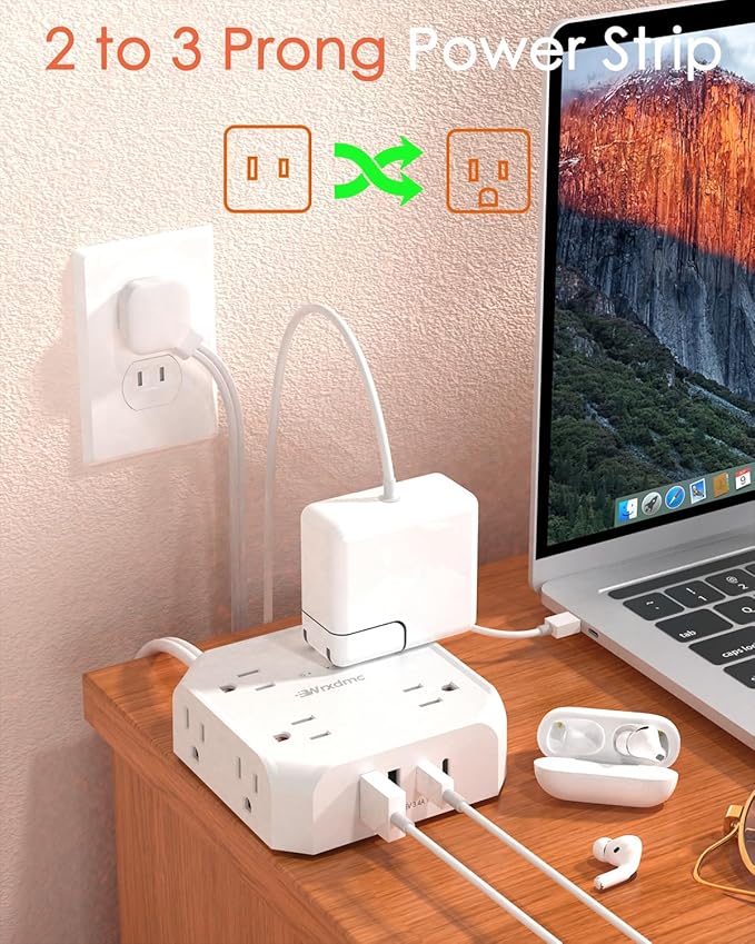 2 Prong Power Strip, WRXDMC 2 Prong to 3 Prong Outlet Adapter, 1400J Two Prong Surge Protector, 10ft Extension Cord, 8 AC Outlets with 2 USB C Port and 2 USB A Port, Wall Mountable,Ideal for Old House