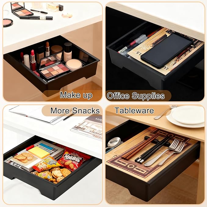 2 Pack Under Desk Drawer Organizer, Self Adhesive Hidden Drawer Storage, Slide Out Desk Organizer, Space Saving Pencil & Accessories Organizer, Under Table Storage for Home Office & School, Black