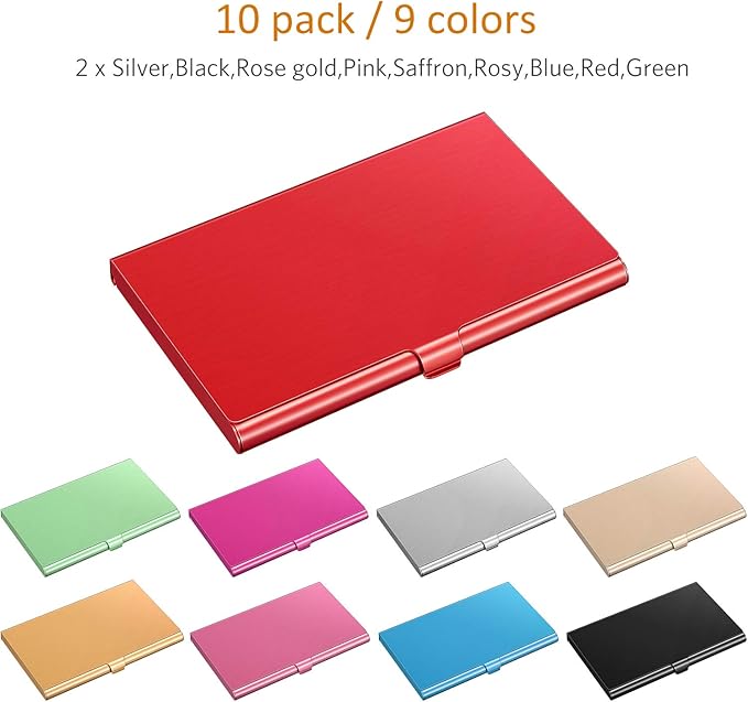 Leinuosen 10 Pack Business Name Card Holder Case Aluminum Business Name Card Carrier Mental Credit Case Wallet Professional Stainless Steel Pocket for Men & Women,2.36 x 3.66 Inch,9 Colors Available