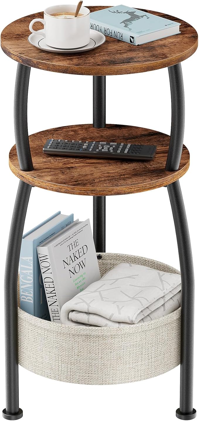 Small Side Table for Small Spaces with Storage Basket, Round End Table 3-Tier NightStand Sofa Corner Table for Living Room, Bedroom, Patio and More 24in Tall Rustic Brown
