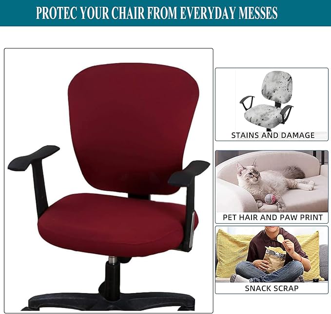 Office Computer Chair Cover Stretch Universal Jacquard Seat Slipcover 2 Piece for Desk Rotating Armless Chair, Removable Washable Anti-dust Chair (Wine)