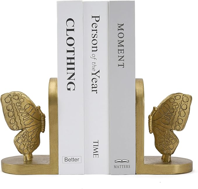Gold Butterfly Book Ends for Shelves, Butterflies Statue Decorative Bookends for Heavy Books, Resin Book Ends with Non-Slip Felt Base for Home Farmhouse Shelves Office Lover Gift