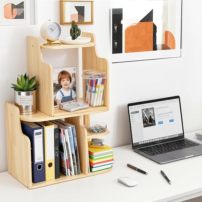 Desk Shelf Organizer, Adjustable Wood Desktop Organizers, Office Storage Rack, Small Tabletop Bookshelf, Freestanding Corner Display Shelf, Multi-Combination Desk Hutch for Dorm Home Study