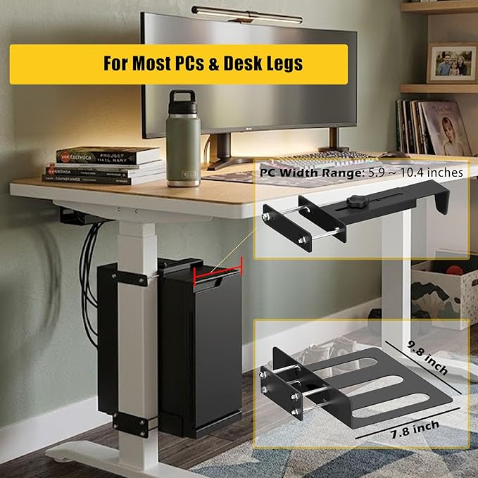 Under Desk PC Mount for Standing Desk, Universal Clamp-On PC Under Desk Mount with 10PCS Adhesive Cable Clip, No Drilling Heavy Duty Adjustable Computer Case CPU Holder Fits Most Towers, Up to 44Lbs