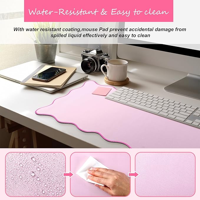 Hahafelt Scalloped Desk Mat Large Scalloped Piping Cute Desk Mat Aesthetic Preppy Table Pad Large Nonslip Pad with Edge Stitching Waterproof Gaming(Pink,31.5 x 15.8 Inches)