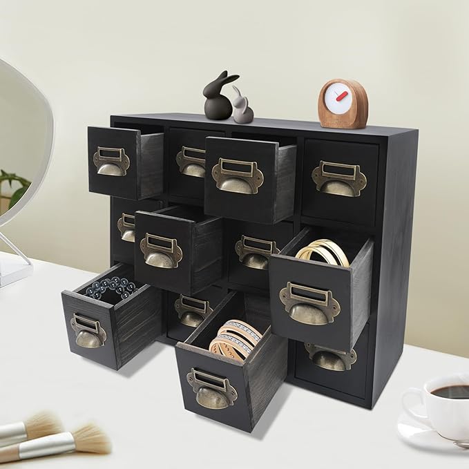12 Drawer Drawers Storage Cabinet, Wooden Medicine Cabinet Desktop Drawer Organizer Herb Storage Box with Solid Wood Build & No Assembly for organize spices medicines jewelry cosmetics(Black)