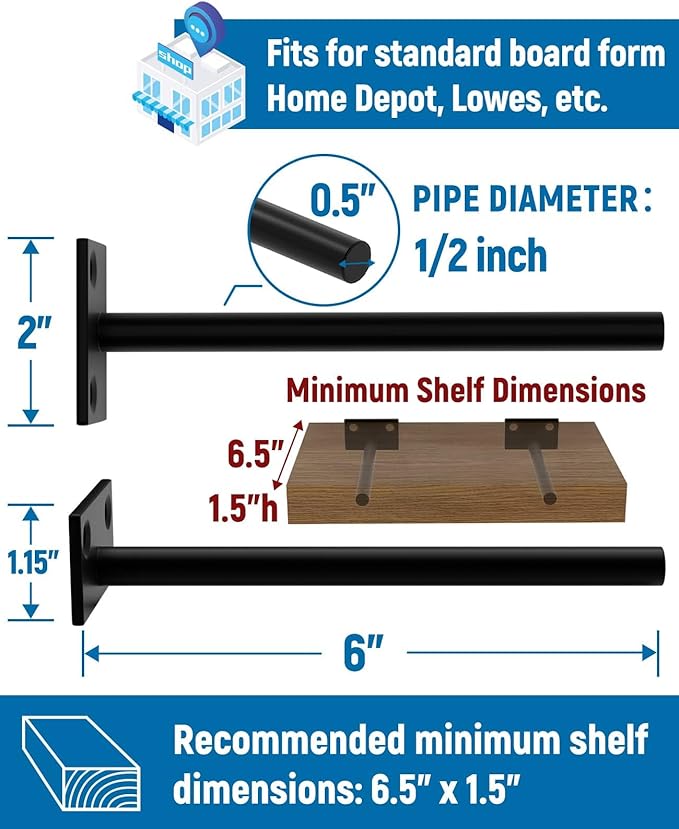 LEOPO Black 16 Pack-6 inch Floating Shelf Brackets, Hidden Shelf Bracket for Wood, Concealed Blind Shelving Support,Invisible Coated Brackets for DIY Decorative,Fit for Kitchen, Bathroom,Study Room