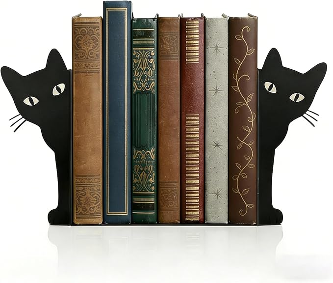 Peekaboo Cat Bookends, Cute Black Metal Decorative Book Ends for Shelves, Heavy Duty Rustproof Book Stoppers for Home Office Study Desk, for Cat Lovers Book Lovers