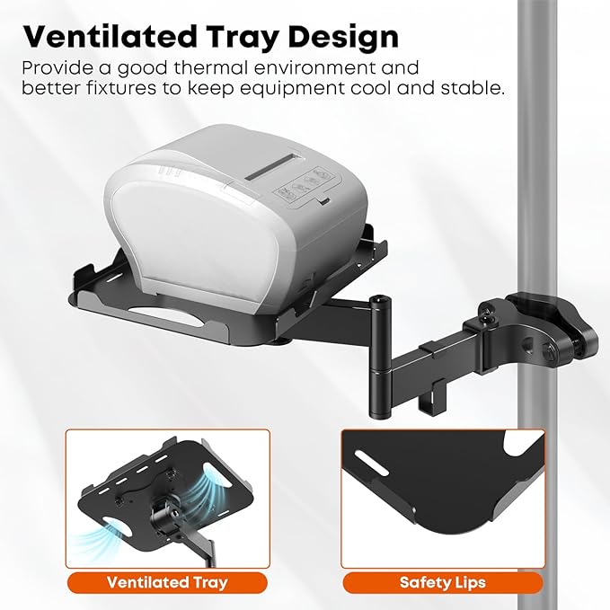 PUTORSEN Adjustable Pole Mount Printer Stand，Printer Pole Mount with 7.2x9.2 Inch Storage Tray for Thermal Printers, Full Motion Arm Holds 11 lbs, Fits 1.1-2.36 Inch Tube Diameters