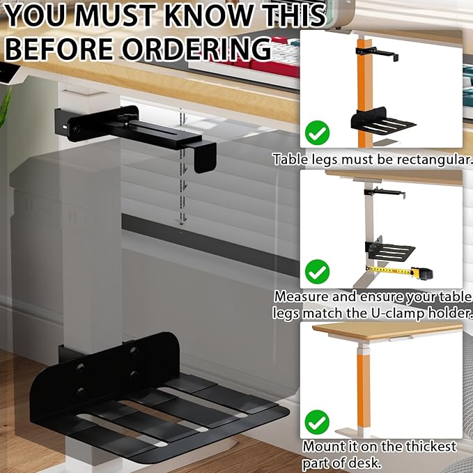 Liitrton Under Desk PC Mount - No Drill PC Holder- Heavy Duty Clamp-On PC Mount for Standing Desk Legs 2.56"(65mm)×1.77"(45mm), Adjustable Height & Width PC Stand Under Desk Computer Mount CPU Holder