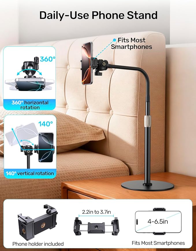 Webcam Tripod Stand with Phone Holder, Gooseneck Arm with 360° Ballhead for Desktop & Overhead Recording, Compatible with Logitech Cam C920 C922 C930e C960 C615 BRIO NexiGo N60 with 1/4'' Thread