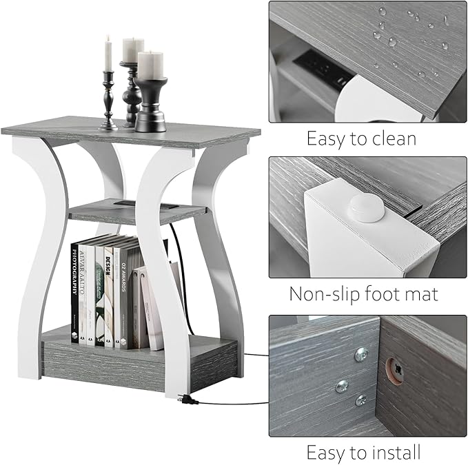 FROMJBEST End Tables Living Room, Grey End Table with Charging Station, Grey Side Table, Nightstand for Bedroom, 3 Tier End Table with Storage Shelf for Living Room