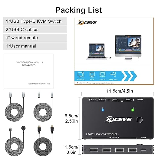 USB-C KVM Switch 2 Monitors 1 Computer, 2 Ports Type-C USB-C Switcher Support 4K@60Hz for 2 PC Share Keyboard Mouse and Monitor, Suppprt PD Fast Charging