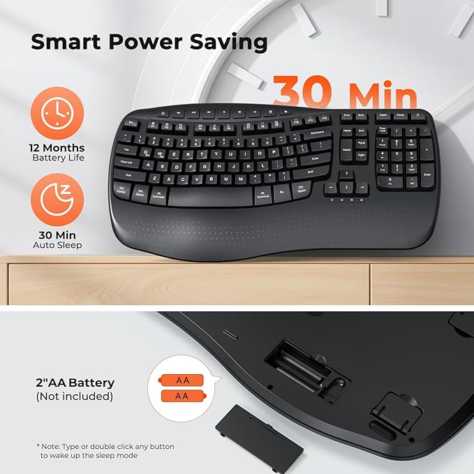 MEETION Wireless Ergonomic Keyboard, Wave Keys Firm Wrist Rest for Natural Typing, 2.4G USB-A Cordless Receiver and USB-C Adapter, Ergo Computer Keyboard Compatible with Windows/Mac/PC/Laptop, Black