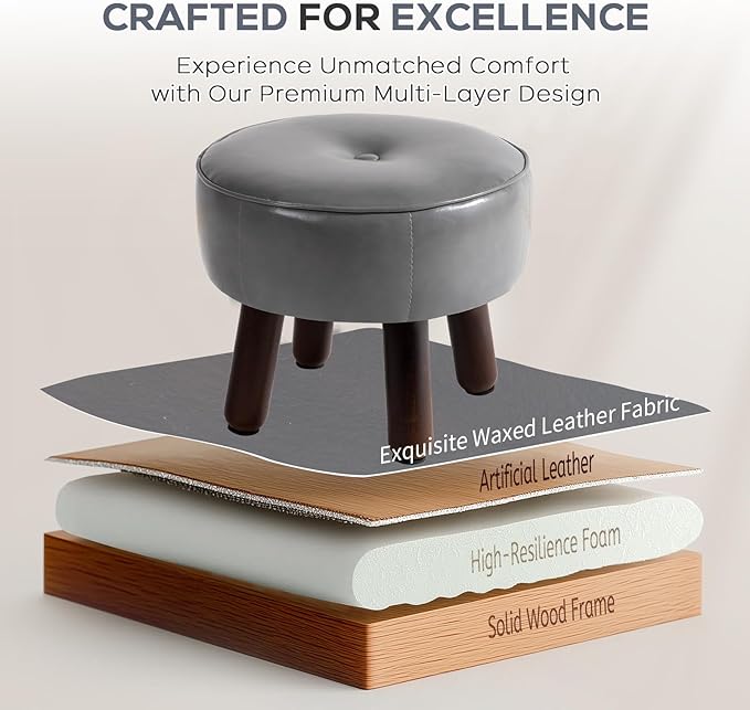 oakvivo Ottoman, Small Foot Stool, Round Leather Pouf Ottoman, 13''L x 13''W x 10.2''H Foot Rest with Non-Skid Rubber Legs for Living Room Bedroom Couch Entryway, Grey