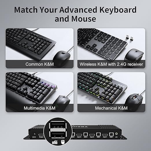 TESmart HDMI KVM Switch 4 Port 4K@60Hz Ultra HD 4x1 with 4 Pcs 5ft KVM Cables Supports Keyboard & Mouse Pass Through USB 2.0 Device (Black)