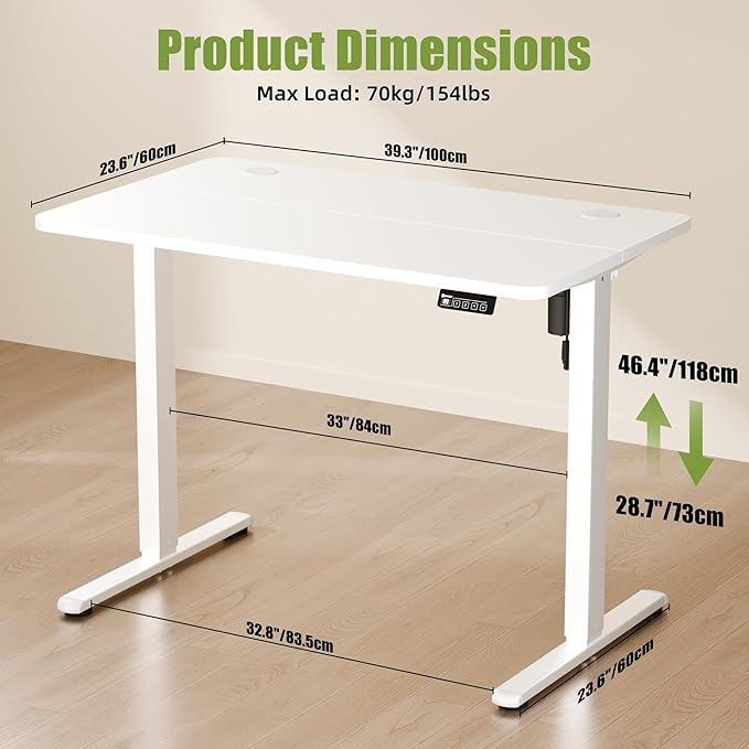 ERGOMAKER Electric Standing Desk, 39.3" x 23.6" Height Adjustable Sit Stand Desk with Splice Board for Home Office, Computer Desk Memory Preset (White Frame, White Desktop)