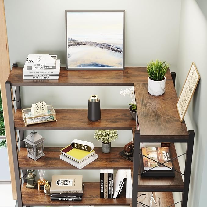 Wildhome 6-Shelf Corner Bookshelf, Vintage Industrial Corner Shelf Etagere Bookcase, Large Book Shelf with Metal Frame Open Storage Corner Cabinet (Brown-Lockers)