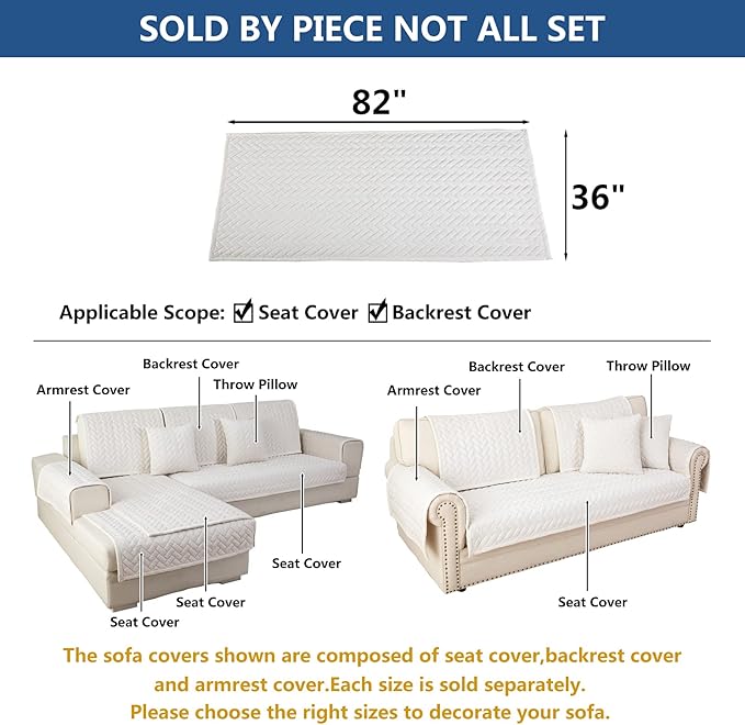 Eismodra Couch Cover,Sectional Couch Covers,Sofa Covers for 3 Cushion Couch,Anti-Slip Sofa Slipcovers for Dogs Cats Kids Loveseat Recliner L Shaped Armrest Backrest,White 36''x82''(Only 1 Piece)