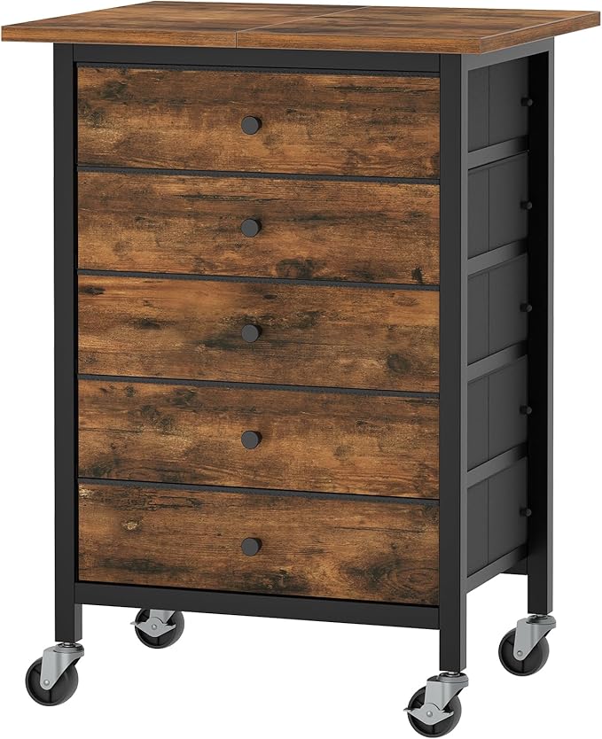 MAHANCRIS 5 Drawer File Cabinet,Rolling Filing Chest Cabinet with Wheels, Under Desk Storage Organizer, Printer Stand with Non-Woven Fabric Drawer, for Home Office, Study, Rustic Brown FCHR4801
