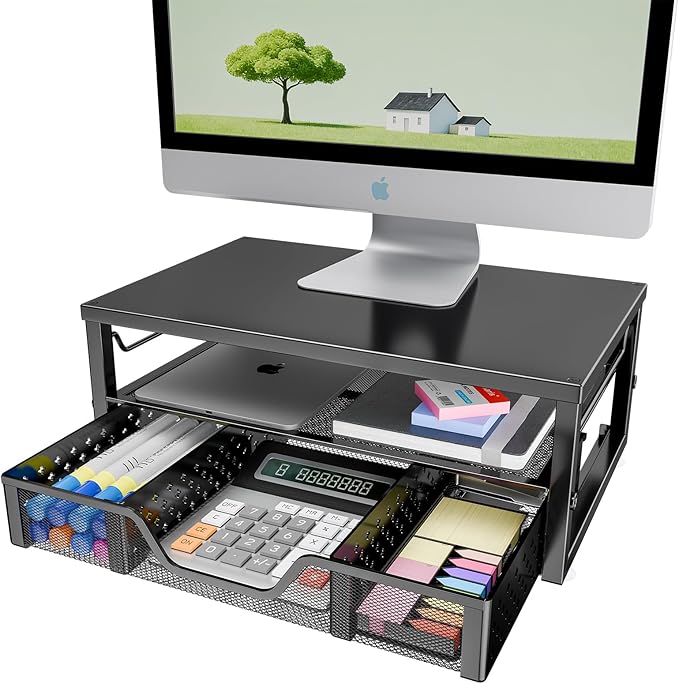 Simple Trending 2-Tier Computer Monitor Stand Riser with Drawer, Desk Organizer for Home Office, Black