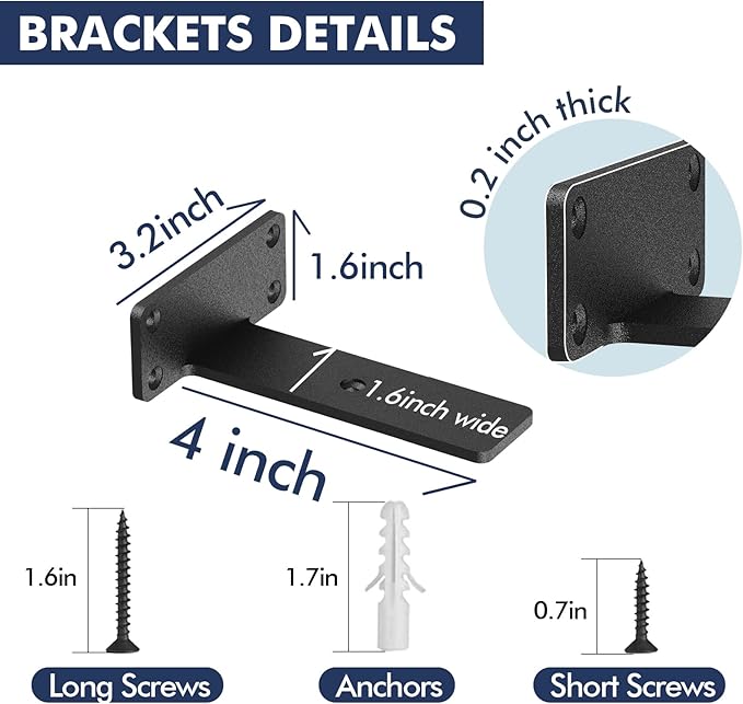 Starunder 12 Pack Floating Shelf Brackets, 4 Inch Heavy Duty Industrial Shelf Bracket, Black Metal L Brackets for Shelves Support DIY(1/5 Inch Thicked)