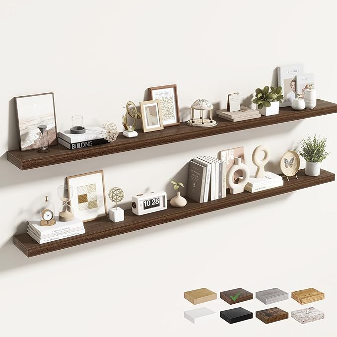 Acovy 72 Inch Floating Shelves for Wall 2 Pack, 72" Wall Shelves for Books, Storage, Decor, Wall Mounted Floating Shelf with Invisible Brackets for Kitchen, Living Room, Walnut