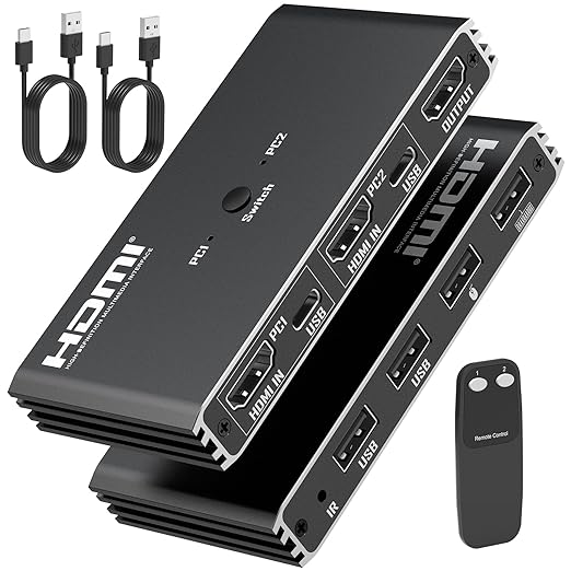 HDMI KVM Switch 2 Computers 1 Monitor 4K 60Hz, 2 Port USB HDMI Switcher with 4 USB Ports, Remote Control, KVM for Laptop PC Keyboard Mouse Printer, Compact Work from Home Tool