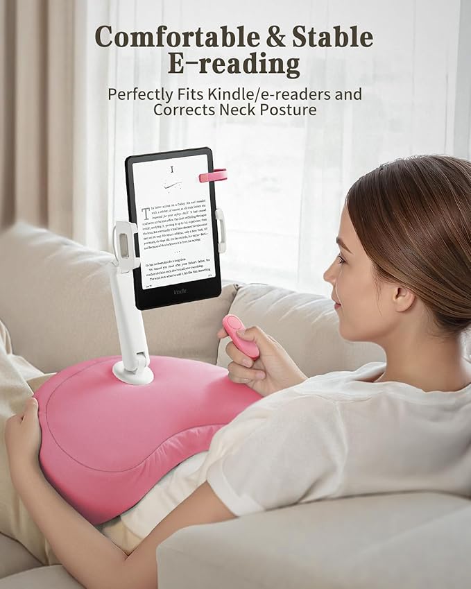 SAIJI Tablet Pillow Stand for Bed – iPad & Kindle Holder with Flexible Dual Axis Arm & Microbead Cushion, 360° Adjustable Lap Beanbag Phone Holder Fits Devices with 4.7"–15.6" Screens (Pink)
