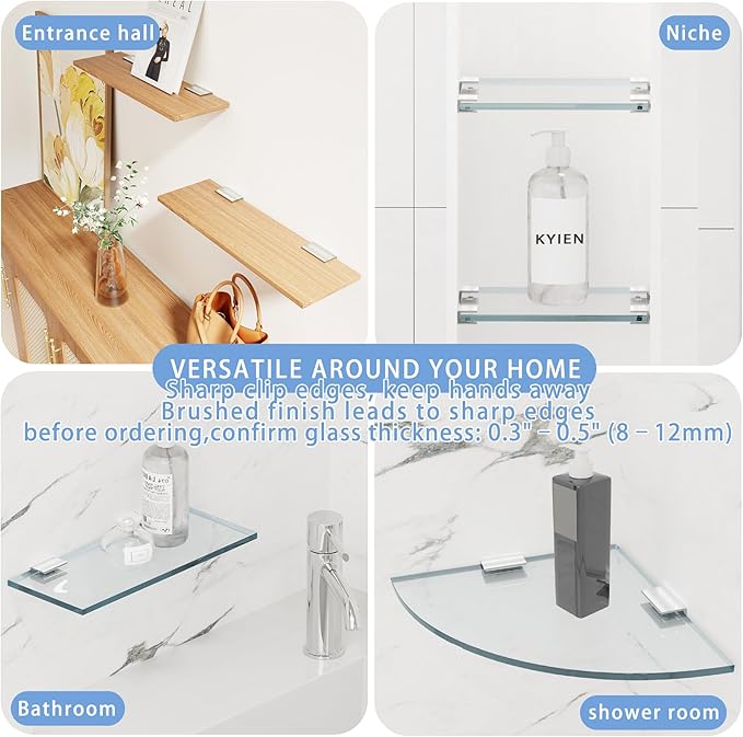 2Pcs Stainless Steel Glass Shelf Clip Clamp Bracket Support Adjustable 304 Stainless Steel Brushed Finish Glass Clip Shelf Brackets Holder Support 0.3" to 0.5"/ 8 to 12mm Thick