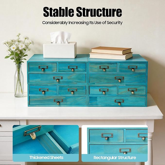 4 Packs Vintage Desktop Apothecary Cabinet with 3 Drawers, Vintage Desktop Organizer Wood Desktops Organizers Stackable Drawers Chest Drawer for Herb Storage Tea Collection Stationery (Blue)
