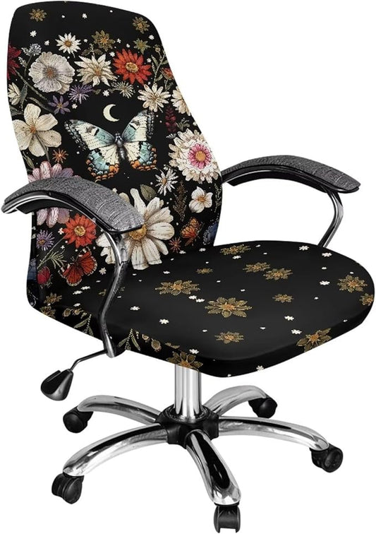 Talayituse Butterfly Daisy Moon Print Office Chair Cover Computer Chair Cover Thick Stretchable High Back Desk Chair Covers for Universal Large Boss Rotating Chair, S