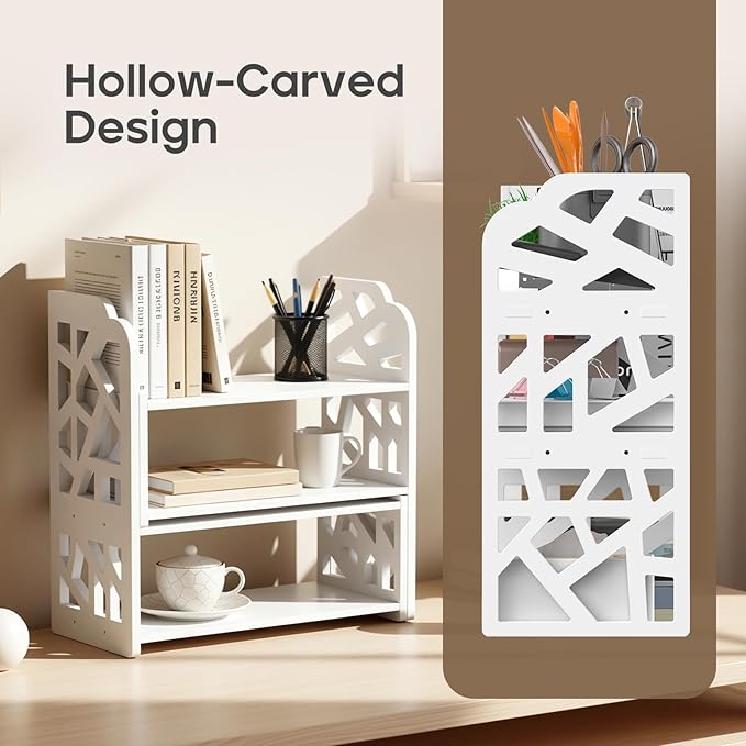 Desktop Shelves, Adjustable White Bookshelf Desktop Organizer and Desktop Storage