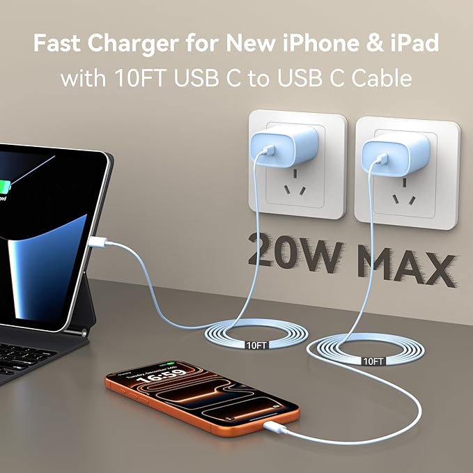 Phone 17 16 15 Charger Fast Charging, 10 FT Long USB C Charger Cord with 20W Type C Fast Phone Charging Block forPhone 17/17 Pro/17 Pro max/Air/Phone 16 15 Pro Max Plus, iPad, Android,Blue