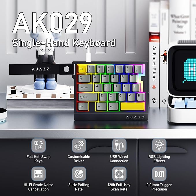 AJAZZ AK029 Wired One Handed Gaming Keyboard,Magnetic Switch, Adjustable Trigger Force, 8KHz Polling, 29 Keys Rapid Fast Mechanical Keyboard, RGB Backlight, SOCD & DKS, Aluminum Plate