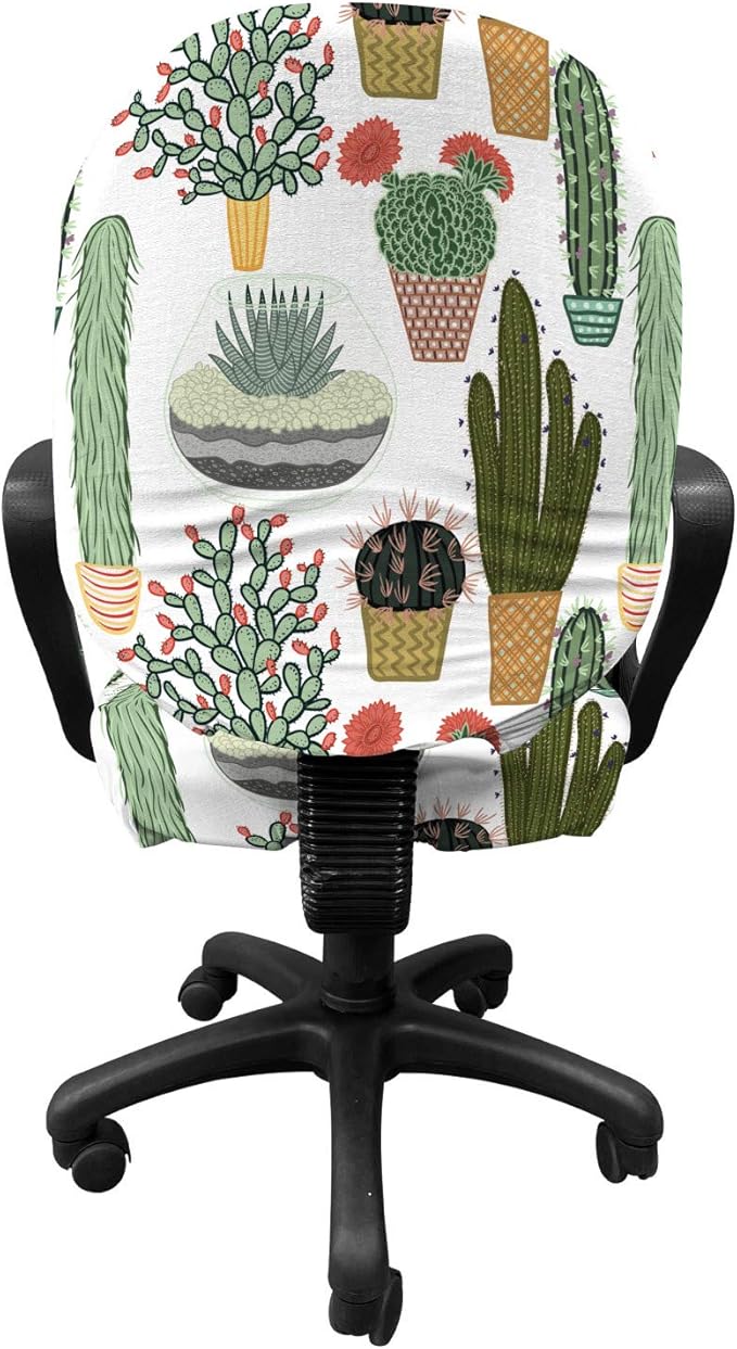 Ambesonne Cactus Office Chair Slipcover, Pattern with Succulent Plants and Cactuses in Pots Botanical Floral Mexican Garden, Protective Stretch Decorative Fabric Cover, Standard Size, Fern Green