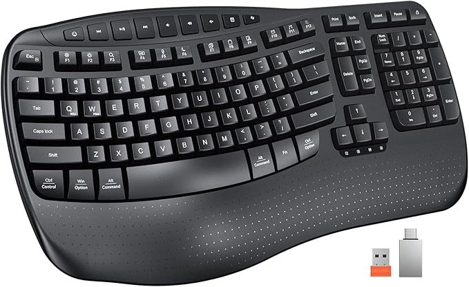 MEETION Wireless Ergonomic Keyboard, Wave Keys Firm Wrist Rest for Natural Typing, 2.4G USB-A Cordless Receiver and USB-C Adapter, Ergo Computer Keyboard Compatible with Windows/Mac/PC/Laptop, Black