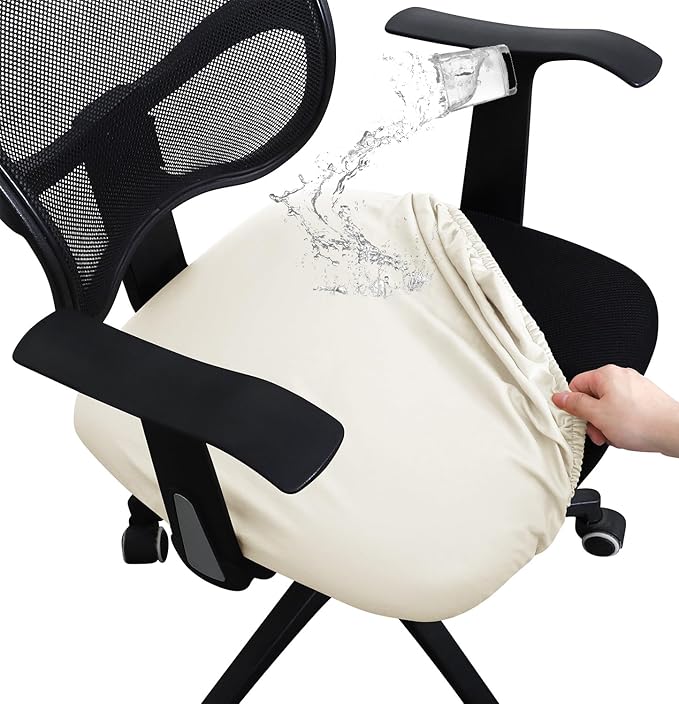 FORCHEER Waterproof Cream Office Chair Seat Cover Faux Leather Strechable Computer Desk Chair Seat Cushion Slipcover 1 Piece Washable