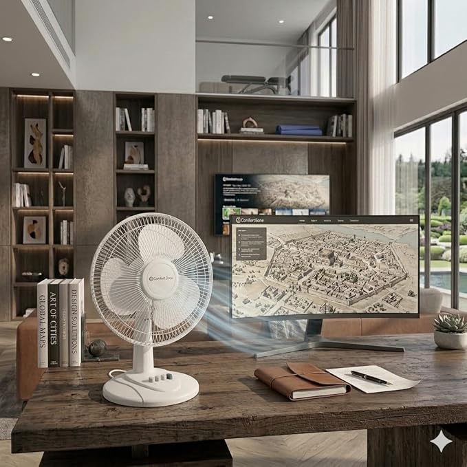 Comfort Zone 16 inch Table Fan with Adjustable Tilt, Wide Area Oscillation, Quiet Air Circulator Fan For Bedroom, 3 Speed Desktop Fan for Home Office, Push Button Controls, White