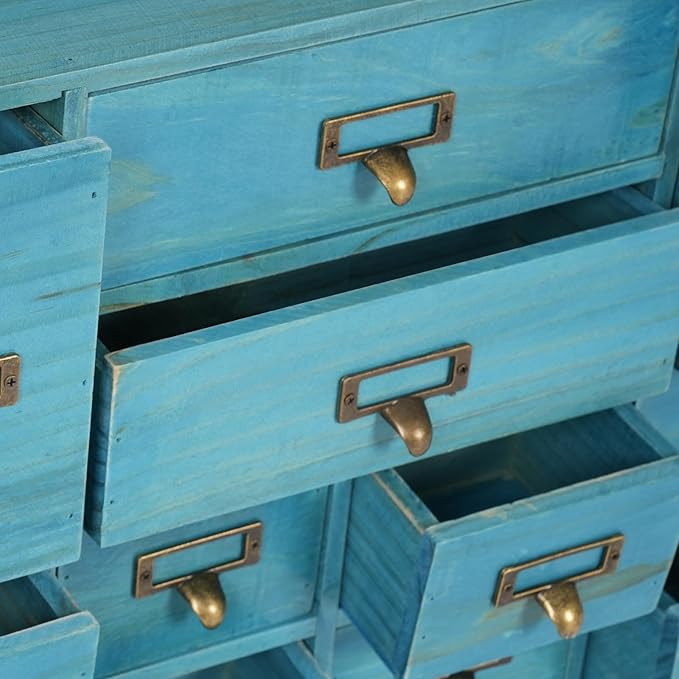 Vintage Desktop Apothecary Cabinet with 12 Drawers,Wood Desktop Organizers Stackable Drawers Desktop Chest Drawer for Herb Storage,Tea Collection,Stationery (12 Drawers,Blue)