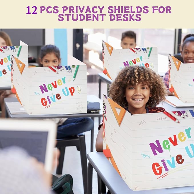 Privacy Folders for Student, 12 Pcs Cardboard Privacy Shield Folder Boards, Desk Dividers for Students, Classroom Divider Shield for School Teachers Home (Never Give Up)