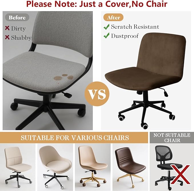 NICEEC Criss Cross Chair Cover Armless Office Dorm Desk Chair Covers Vanity Chair Covers Computer Mid Back Wide Seat Chair Without Arms Protector Spandex Stretch Slipcover Brown(No Chair Only Cover)