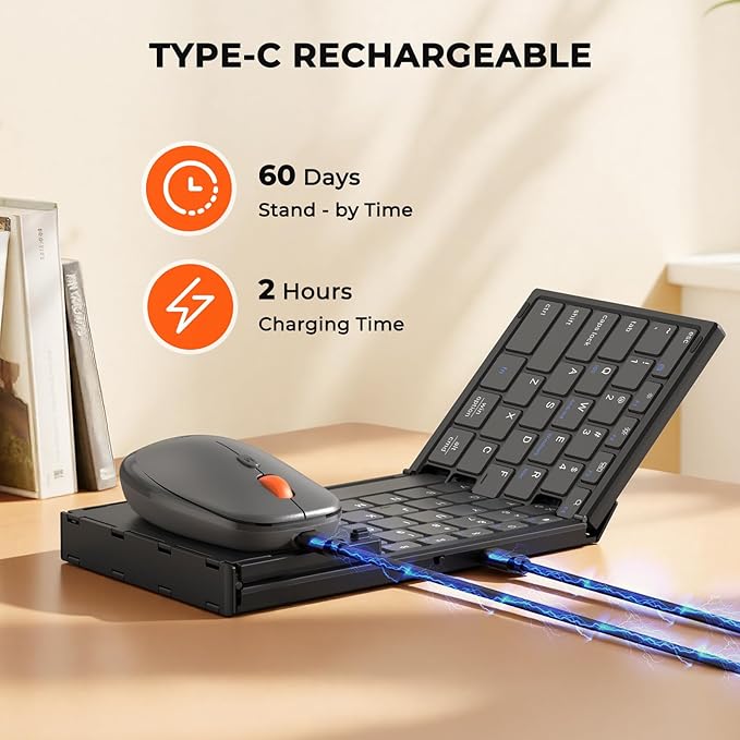 MEETION Foldable Keyboard and Mouse, Folding Portable Wireless Keyboard Mouse, Full Size Rechargeable 2.4G+Dual Bluetooth Keyboards Combo for Business Travel, for Windows/Mac/iOS/Andriod, iPad/Laptop