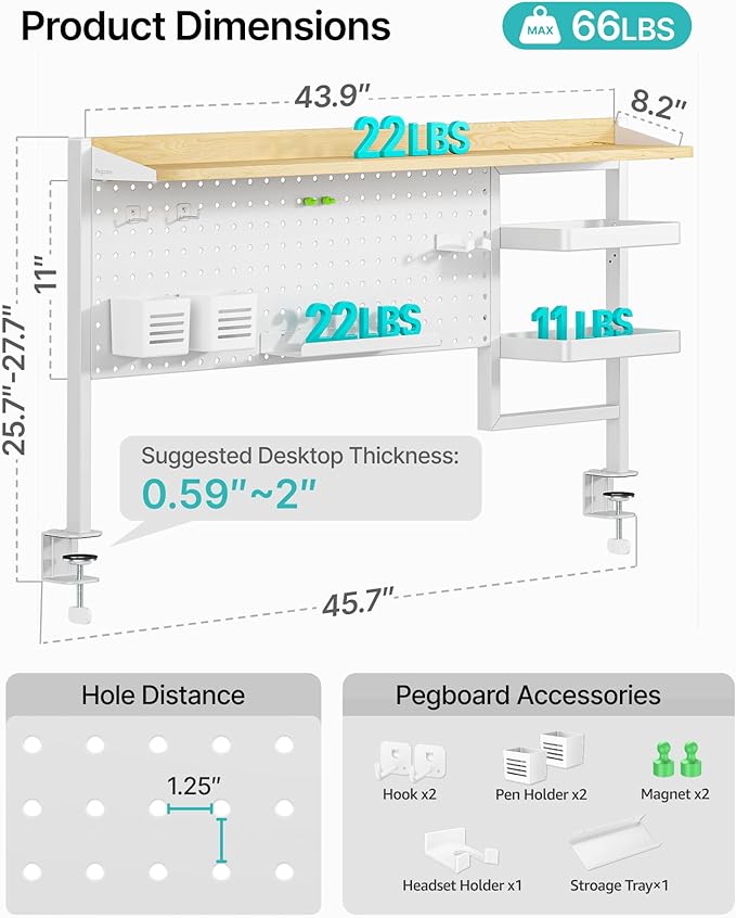 PEGZONE Clamp on Desk Shelf, 44" Desktop Shelving System with Pegboard and Accessories, Desktop Organizer with 2-Tier Shelf, Desk Pegboard for Gaming Office, White