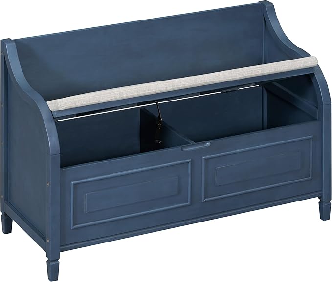 SOFTSEA 41.9" Storage Bench with Back, Entryway Shoe Bench with Cushion & Lift Top Storage, Rustic Shoe Storage Cabinet with Cushioned Seat for Entryway, Bedroom, Living Room (Antique Navy)