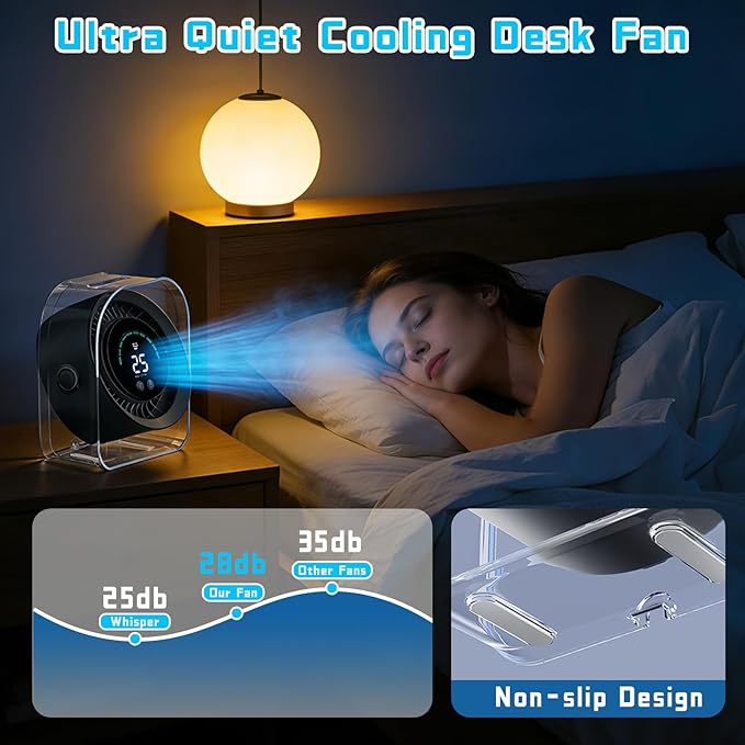 FOWSEEK Rechargeable Small Desk Fan Quiet, 4000mAh Portable Mini Fan USB Table Fan with 100 Speeds Turbo Flow, 360° Adjustable, LED Display, Desktop Cooling Fans for Bedroom Office Travel - Black