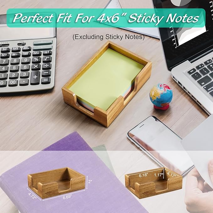 Bivvclaz Acacia Wood Sticky Note Holder, 4 x 6 Inch Notepad Holder Dispenser with Dual Openings, Self Stick Note Pad Holder, Memo Pad Holder Dispenser Organizer for School Office Desk Supplies