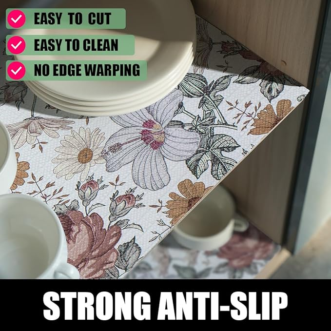 Floral Drawer Shelf Liners, 24IN x 10FT Non Adhesive and Strong Non-Slip Cabinet Drawer Shelf Liners for Kitchen Wire Fridge, Waterproof Shelf Liner,Easy to Clean