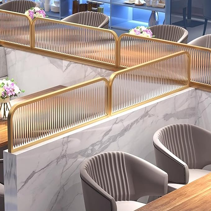 Striped Tempered Glass Dividers for Dining Areas, Metal Hotel Bar Countertop Low Fence Divider, Restaurant Booth Office Privacy Screen Panel Partition
